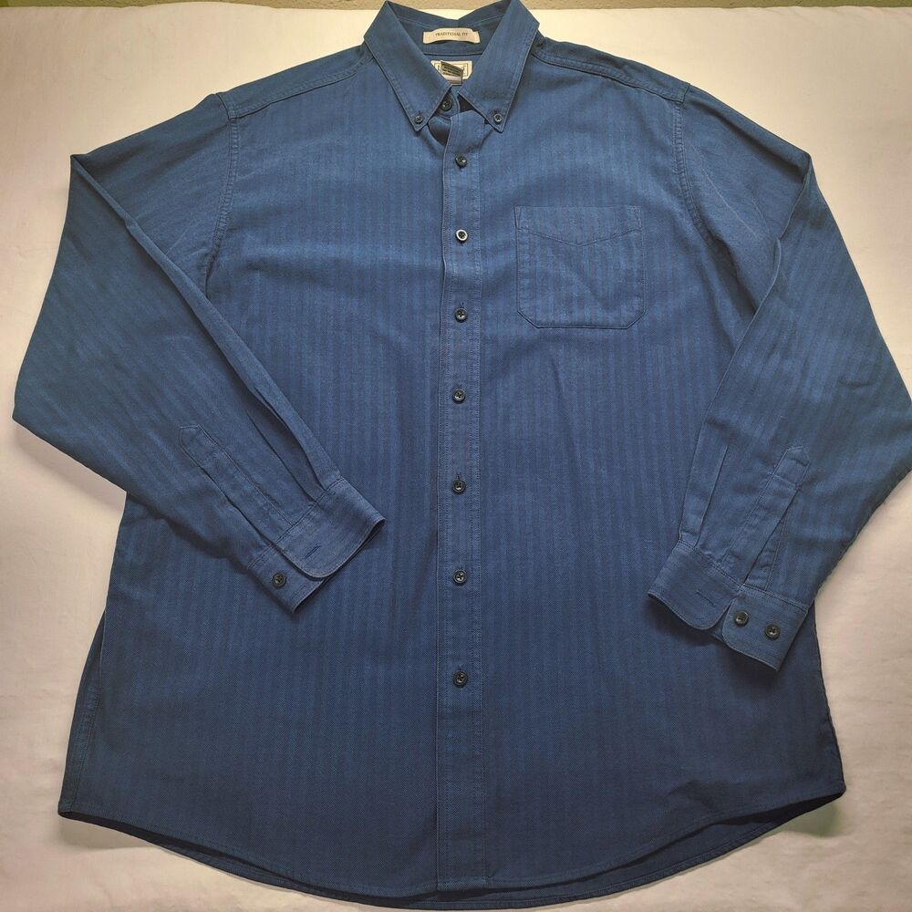 LL Bean Shirt Mens Large Tall Blue Herringbone Twill Button Long Sleeve Pocket